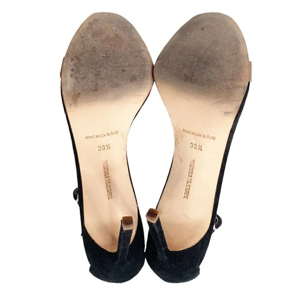Manolo Blahnik Chaos High Heels in Two Tone Black Suede Tan 105 MM Sandals 39.5